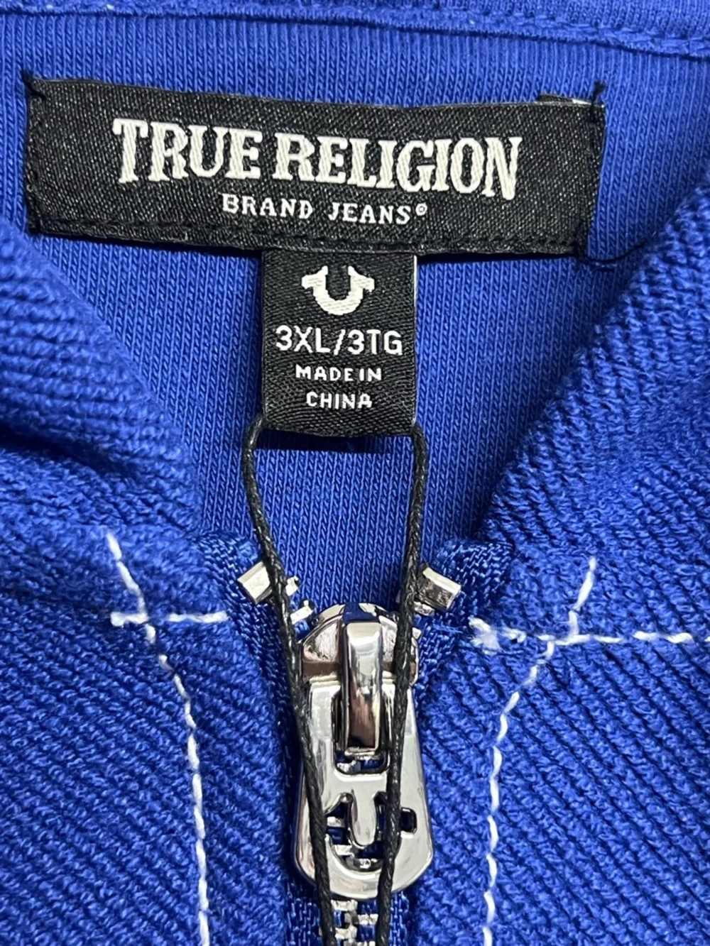 NWT True Religion Reverse Terry Blue‎ Zip-Up Hoodie with Embroidered Details 3X